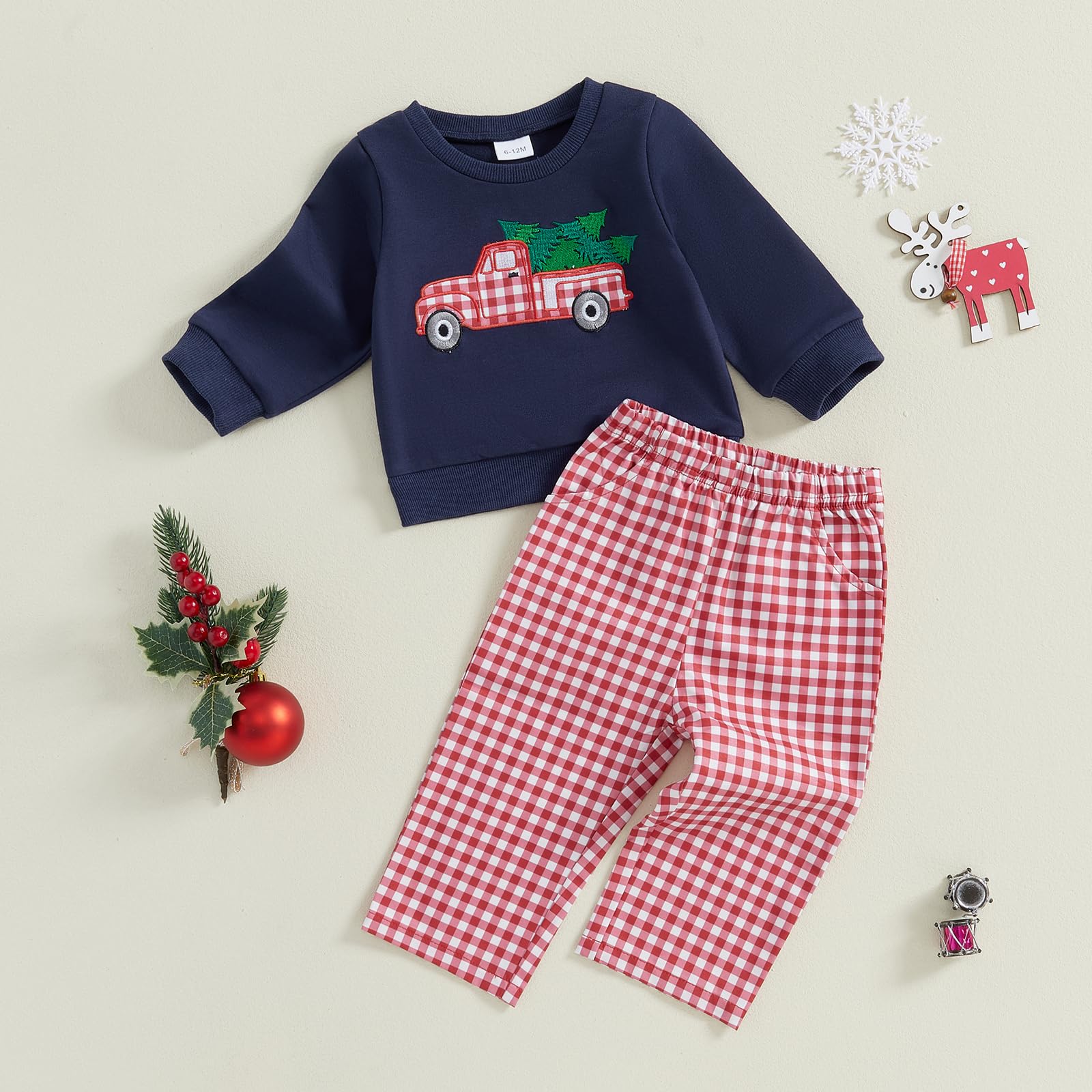 Lenjindjer Toddler Baby Boys Christmas Outfits Santa Truck Print Long Sleeve Sweatshirts Plaid Long Pants 2Pcs Fall Clothes (Navy Blue, 2-3 Years)