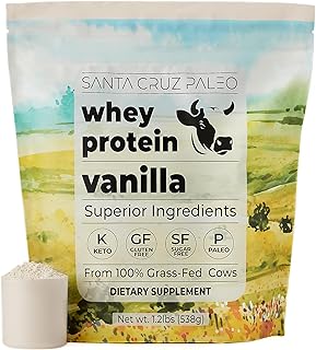 Santa Cruz Paleo Whey Protein Powder, Vanilla, 20g Grass Fed Whey Protein Isolate Per Serving, Gluten Free, Keto, Sugar-Free, Paleo, Amino Acids Post Workout Muscle Support, 20 Servings, 1.2lb Bag