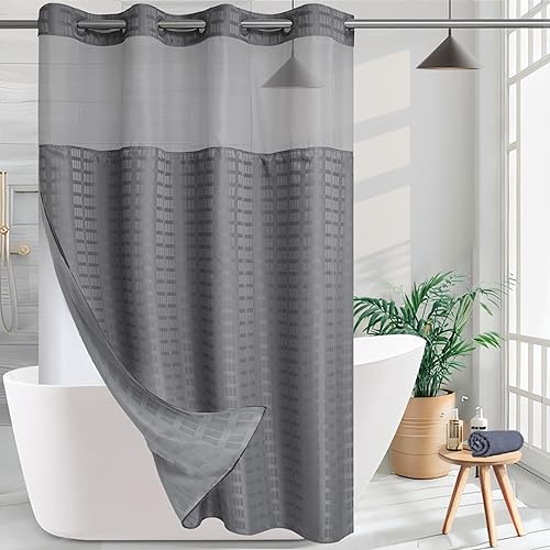 KONZENT Cortina de ducha de tela de hotel, lavable a máquina, con forro extraíble, para baño, bañeras, spa (gris, 54 pulgadas de ancho x 74 pulgadas