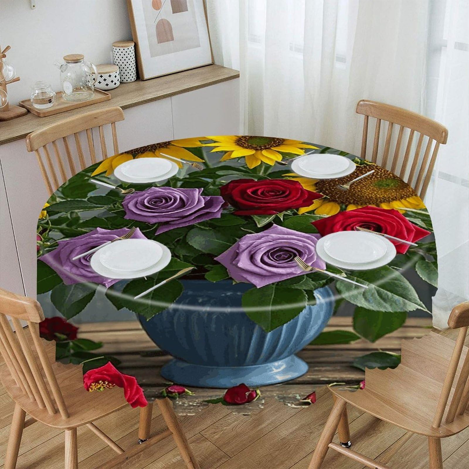LZQPOEAS Farm Sunflower Round Tablecloth Rustic Circle Table Cloth Wrinkle Resistant Decor Tablecloth Waterproof Washable Table Cover for Kitchen Party Dining Table 60 Inch