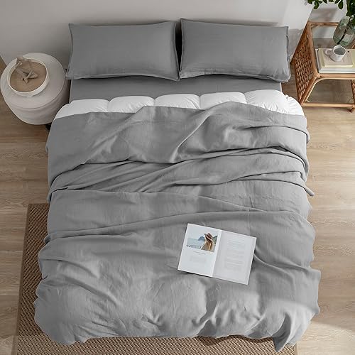 Miniatura 6 de EVERLY Juego de sábanas de lino tamaño matrimonial, sábanas de 100% lino puro lavado a la piedra francés, 4 piezas (1 sábana encimera, 1 sábana