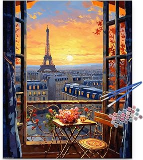 JUJUHOOD Romantic View Paris from Window Paint by Numbers Kit for Adults,Eiffel Tower Adult Paint by Number Kits,DIY Acrylic Paint by Number on Canvas for Home Wall Decor 16X20 Inch
