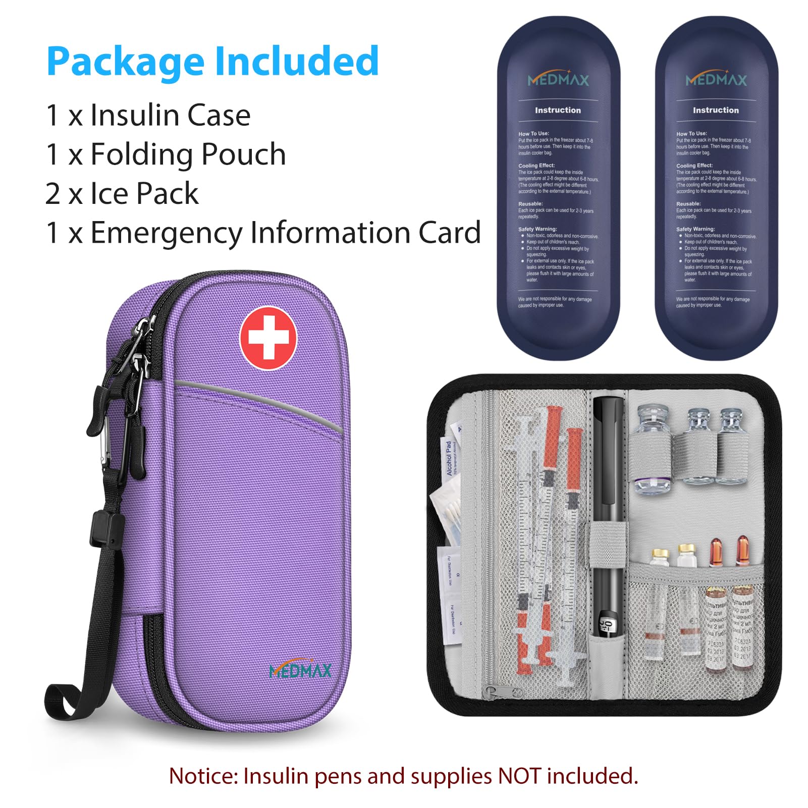 MEDMAX Enfriador Bolsa de Insulina 2 Paquetes de Hielo, Portátil Organizador de Medicamentos, Aislado Estuche para Bolígrafos de Insulina u Otros Suministros para Diabéticos, (Púrpura)