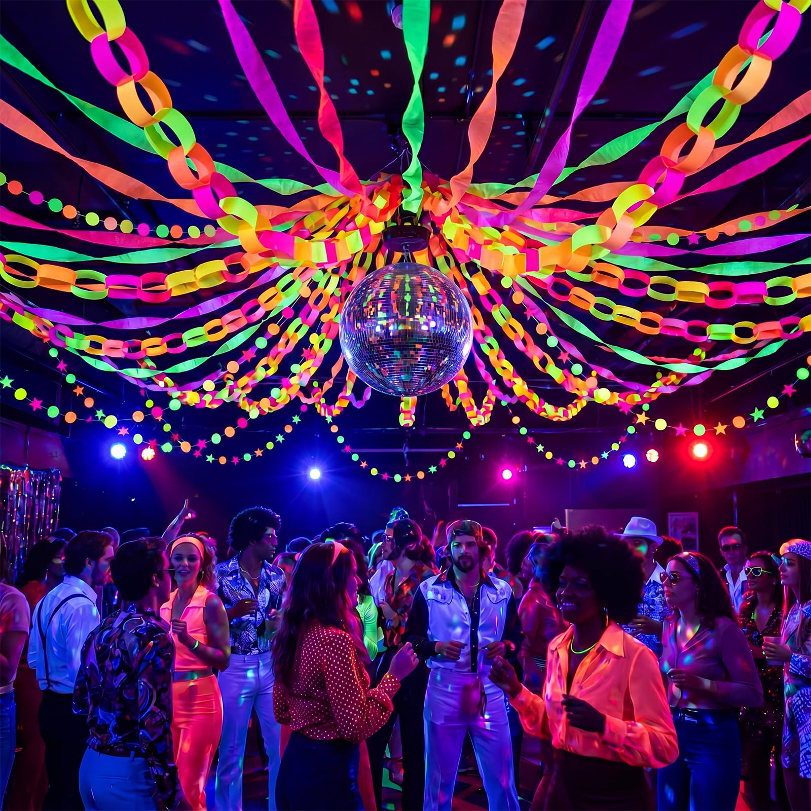 TaoBary Guirnalda de 600 hojas de papel de neón para decoración de fiestas, 100 m, crepé brillante, 15,8 m, círculos y estrellas, para colgar en la oscuridad, fiesta, cumpleaños, decoración de boda