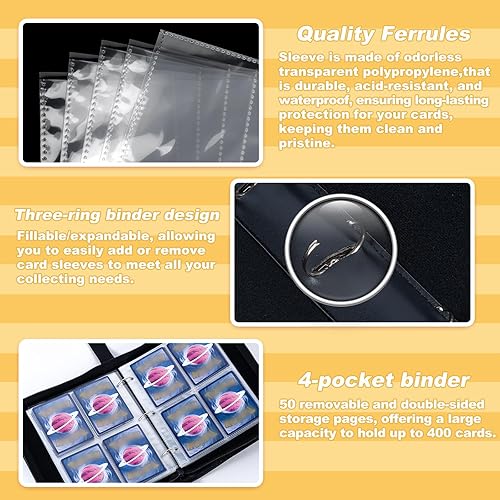 Miniatura 5 de Jravkfi Carpeta de tarjetas de 4 bolsillos, 400 bolsillos con 50 fundas extraíbles para tarjetas de tamaño estándar, carpeta de tarjetas