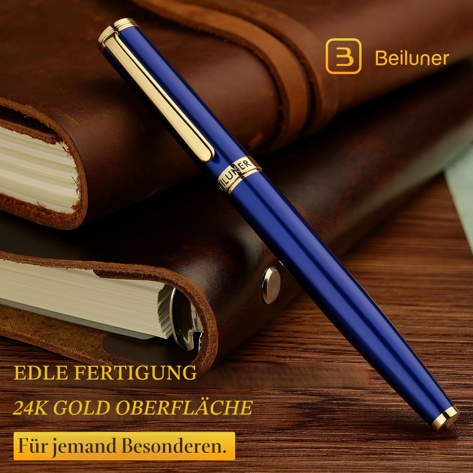 BEILUNER Hochwertiger Tintenroller mit Echtvergoldung - Professioneller Kugelschreiber mit schwarzer Schneider 850 Mine - Geschenkbox - Luxus Schreibgerät für Business & Geschenkanlässe(Blau)