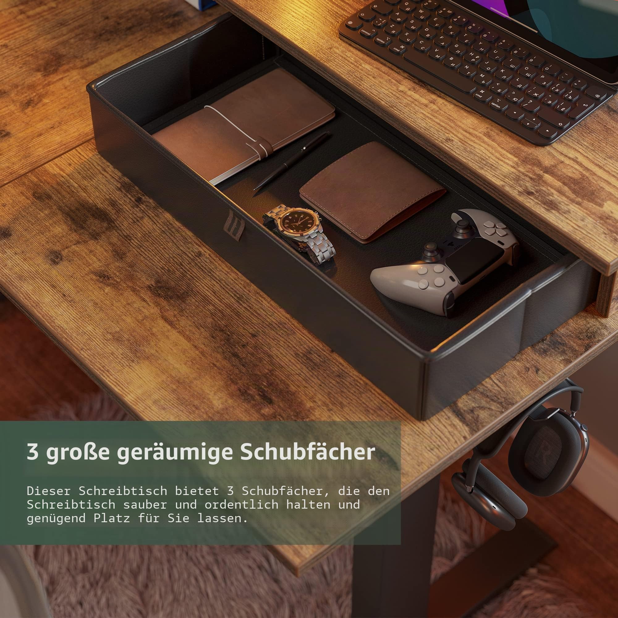 FEZIBO DREI Motoren Schreibtisch Höhenverstellbar Elektrisch mit 3 obere Schublade, L Form Stehpult, Links und rechts austauschbar, 160 x 120 cm eckschreibtisch, Schwarz Rahmen/Braun Tischplatte