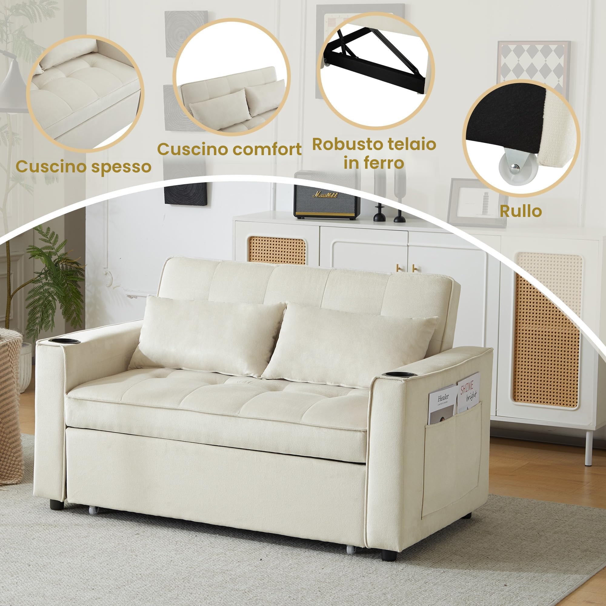 Azkoeesy Divano Letto Estensibile a 2 Posti 137 cm, con 2 portabicchieri, 2 cuscini, schienale regolabile su 3 livelli, tasca laterale per riviste e controller, rivestimento in velluto, beige