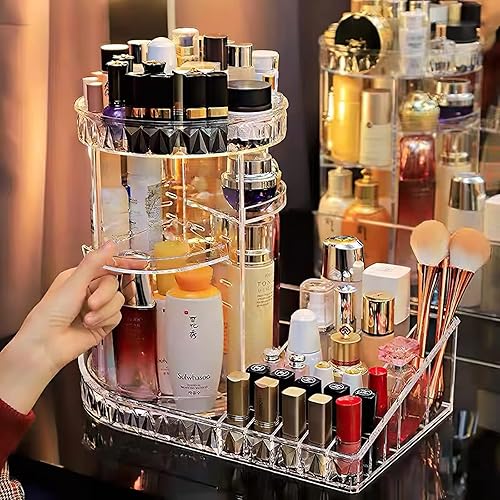 Miniatura 7 de CONHENCI Organizador de maquillaje acrílico giratorio de 360 grados de gran capacidad, 5 capas, ajustable, soporte de almacenamiento cosmético,