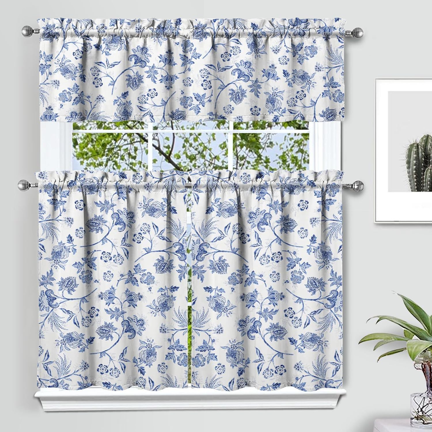 Blue Floral Kitchen Curtain Valance 3 Piece Set, French Farmhouse Kitchen Decor for Home Interior Decor, Blue and White Curtains and Valance Set Short Curtain Sink Window Decor 24 Inch
