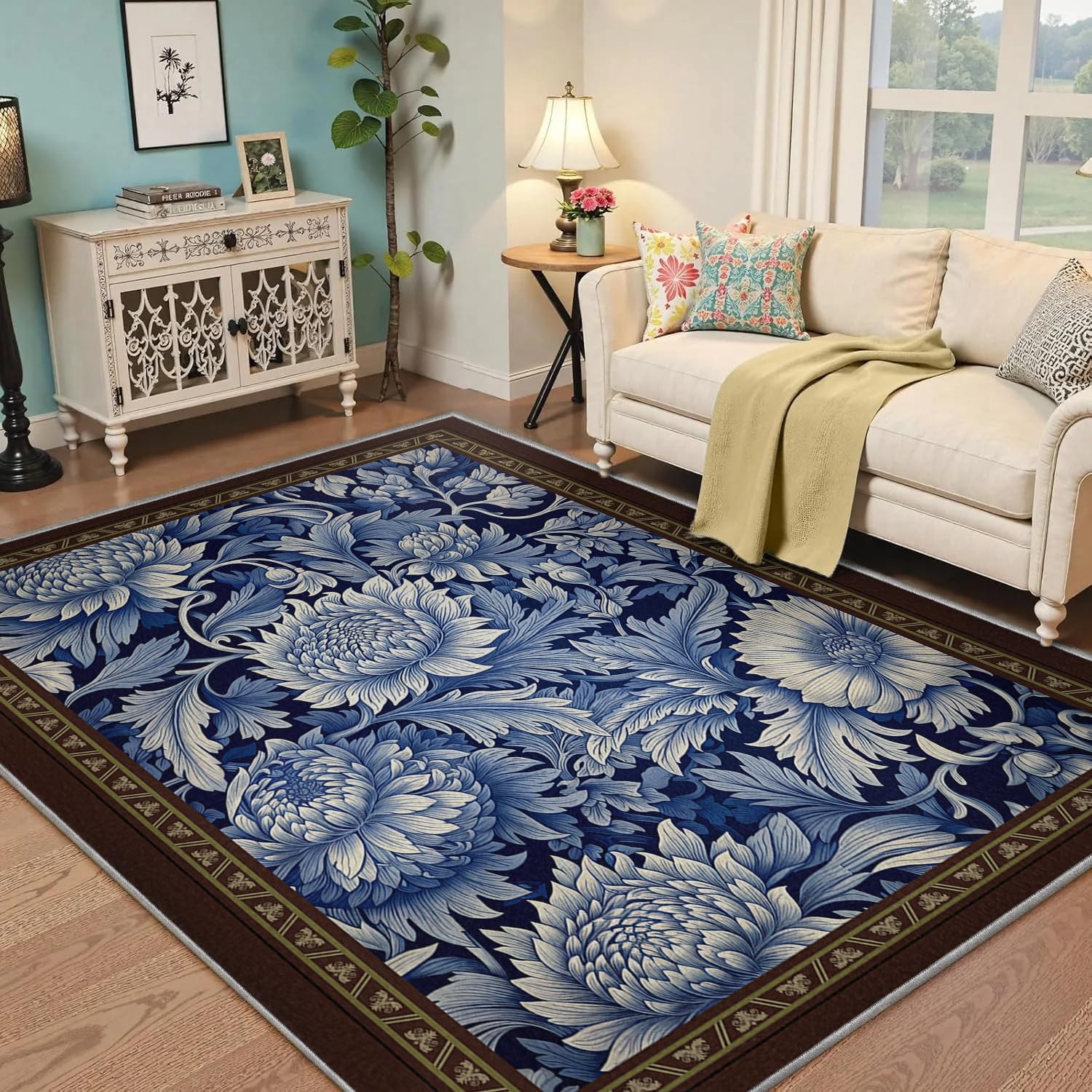 Tapis rustique bleu 90x180cm à motif floral avec envers antidérapant pour sécuriser l'entrée