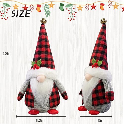 Vista 4 de Gnomos de Navidad de peluche con cuadros de búfalo rojo, paquete de 2 figuras hechas a mano para Navidad, San Valentín, Tomte, figuritas