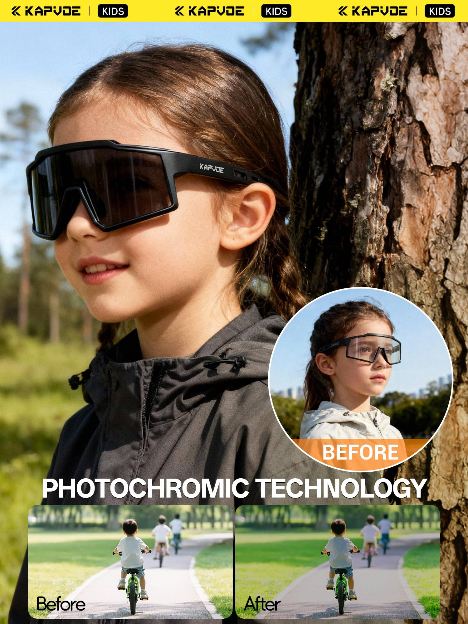 KAPVOE Kinder Fahrradbrille selbsttönend UV400, leichte Sportsonnenbrille mit photochromatischen Gläsern, TR90-Rahmen, verstellbaren Nasenpads und rutschfesten Bügeln, für Jungen Mädchen