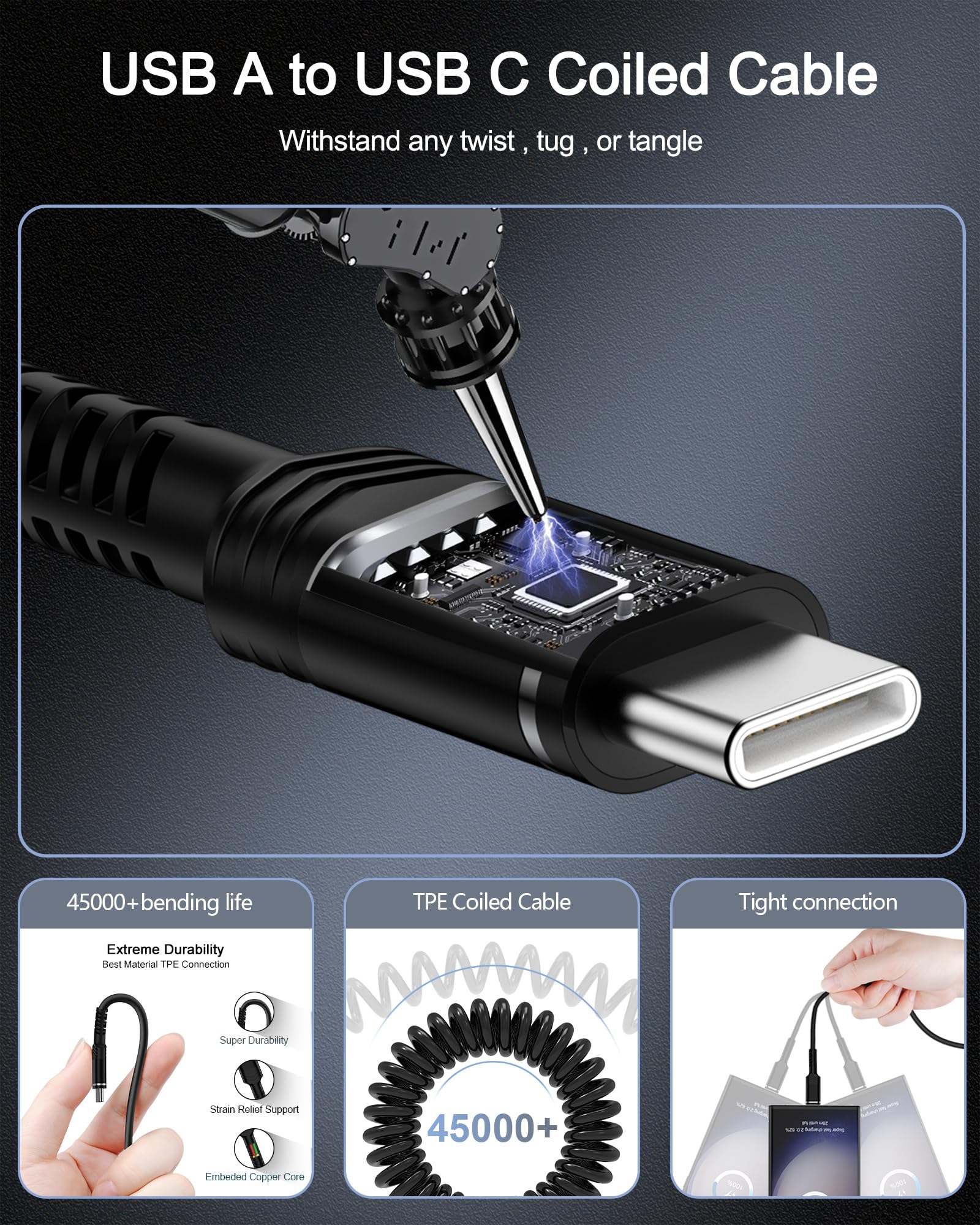 Cable USB a USB C en espiral, cable USB C de 4 pies, cargador de teléfono de coche, cable de carga rápida para iPhone 16 15 Pro Max/16 Pro/16 Plus/Galaxy/Pixel, cable USB-C retráctil para Apple