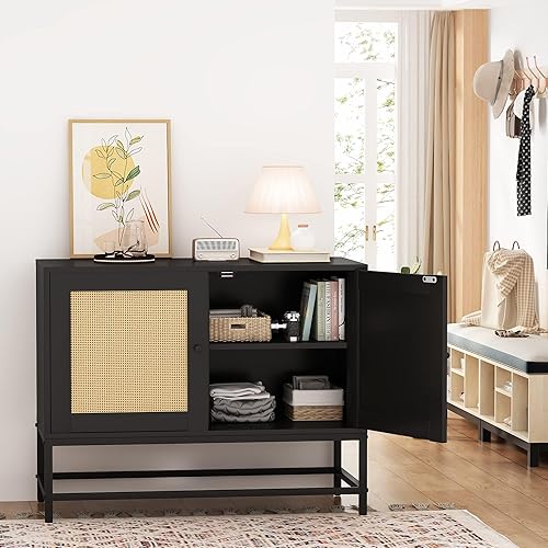 Miniatura 5 de Lamerge Juego de 2 armarios de almacenamiento de ratán, aparador negro para bufé, 4 estantes ajustables y patas de metal, mesa de consola para