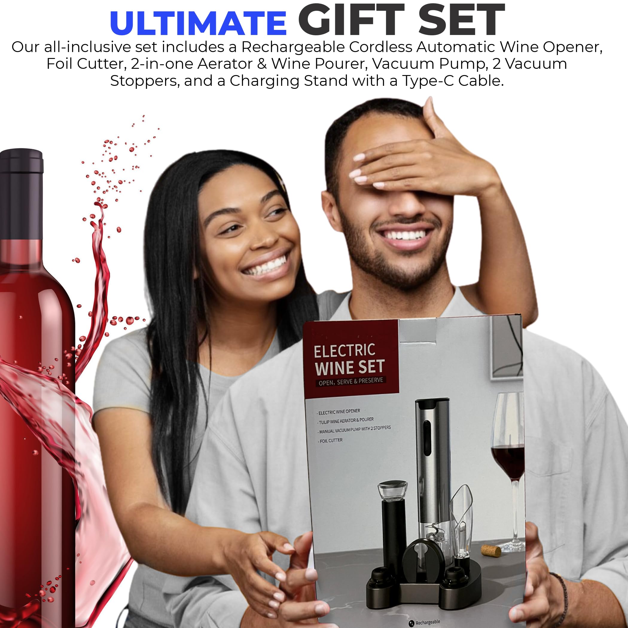 Elektrisches Weinöffner-Set mit 6-in-1-Weinzubehör, wiederaufladbarer automatischer elektrischer Korkenzieher, Folienschneider, Weinausgießer, Vakuumpumpe, 2 Weinstopfen, Ladeständer -