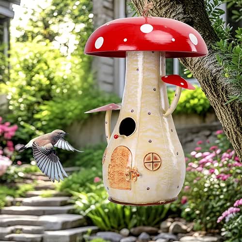 Yinns Metal Mushroom Bird House, Wild Bird House Outdoor, Decorative