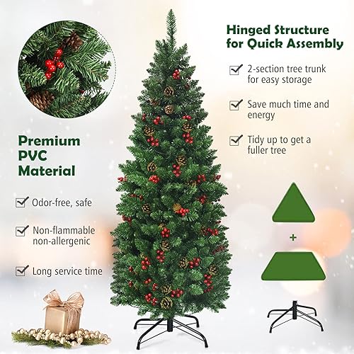 Miniatura 17 de Árbol de Navidad artificial preiluminado de 7.5 pies, árbol de Navidad delgado con 980 puntas de ramas de PVC, 350 luces LED, 75 conos de pino