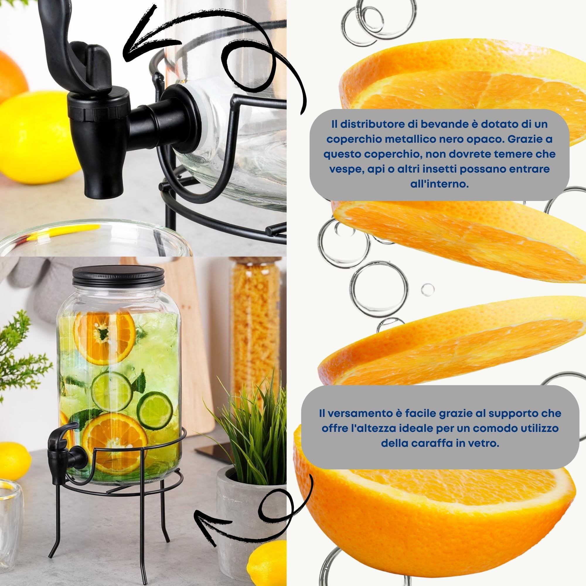 Dispenser di vetro con rubinetto e supporto nero per rubinetto, 3 l