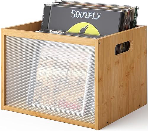 Miniatura 1 de Caja de almacenamiento de discos de vinilo, almacenamiento de madera de bambú, estante de exhibición de álbumes de revistas, elegante organizador
