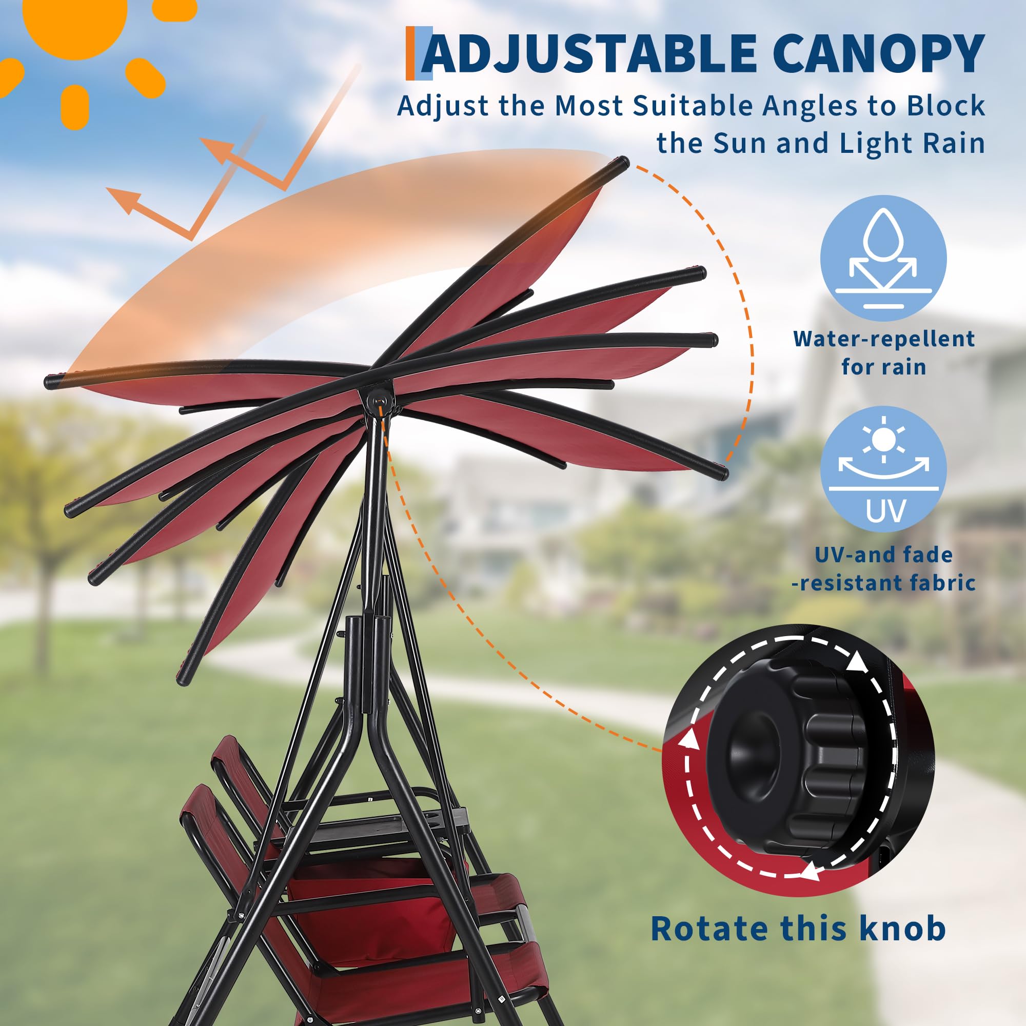 Balancelle de Jardin 2 Places avec auvent Ajustables,Balançoire de Jardin Extérieur avec 2 Porte-gobelets,Espace de Rangement,Mesh Respirant chaises,Cadre Acier,pour Jardin,Terrasse,Piscine(Rouge)