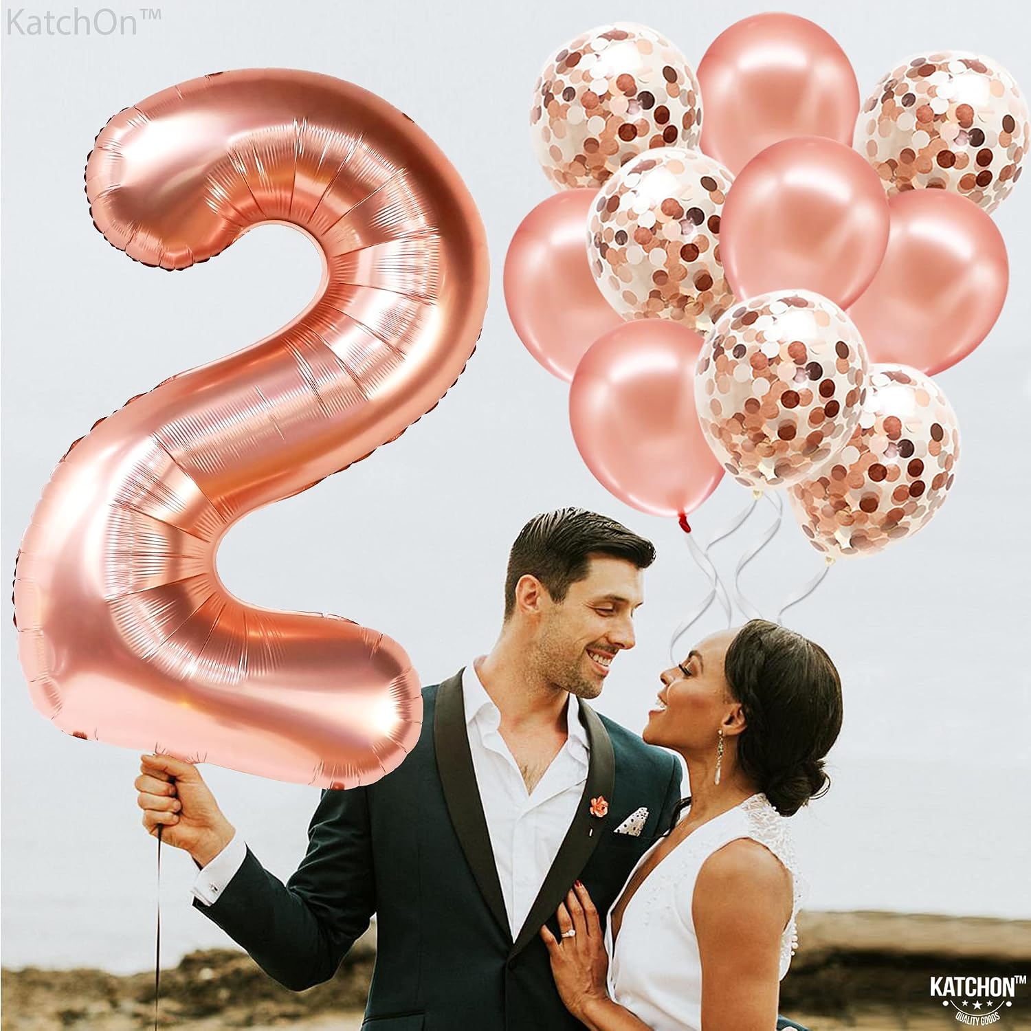 KatchOn, Rose Gold 2 Balloon - 40 Inch | Number Two Balloon for 2nd Birthday Decorations | Includes Latex & Confetti Balloons