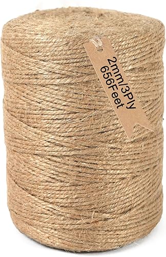 ARISKEY Cordel de yute natural, cuerda de 3 capas para manualidades, cable marrón de 656 pies, adecuado para manualidades y proyectos de tejido,