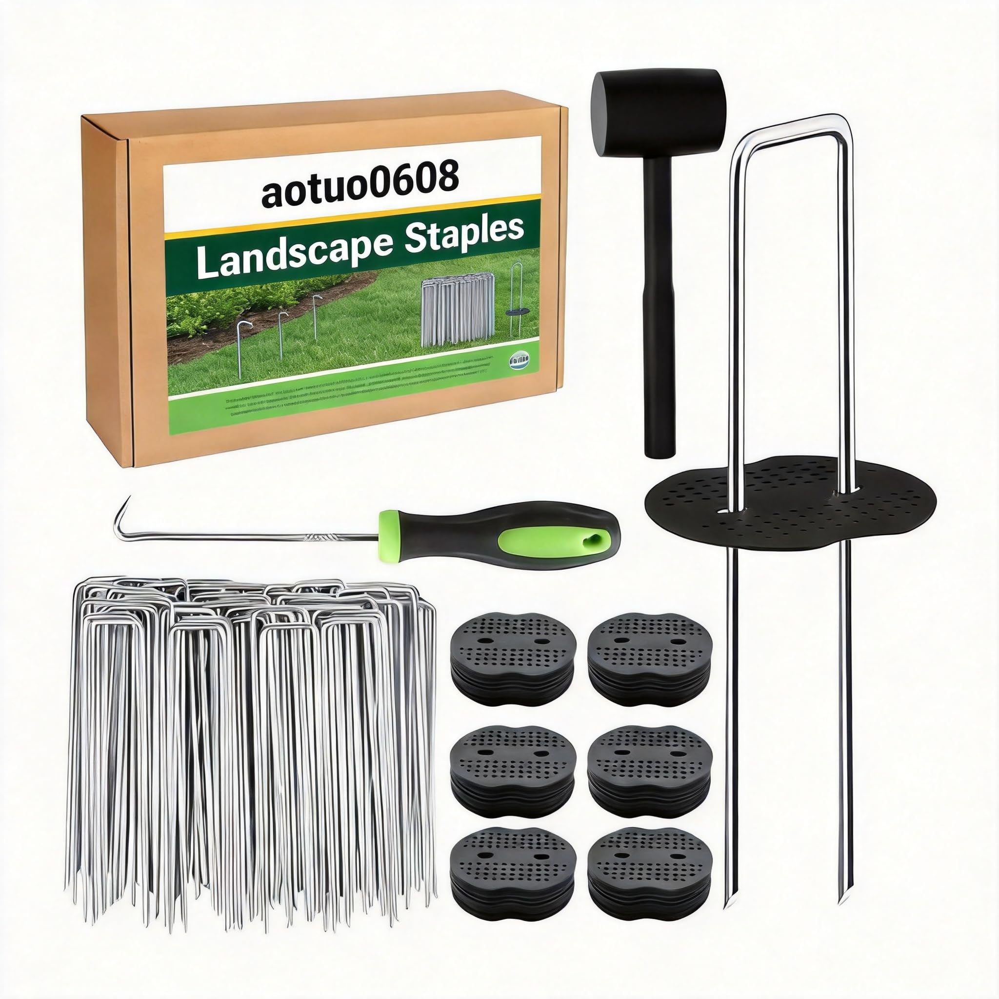 aotuo 25 Weed Control Membrane Pegs + 25 Buffer Washers with Pick Hook and Hammer, 6"/150mm Garden Landscape Ground Staples for Turf, Weed Barrier Fabric, Fence, and Hose
