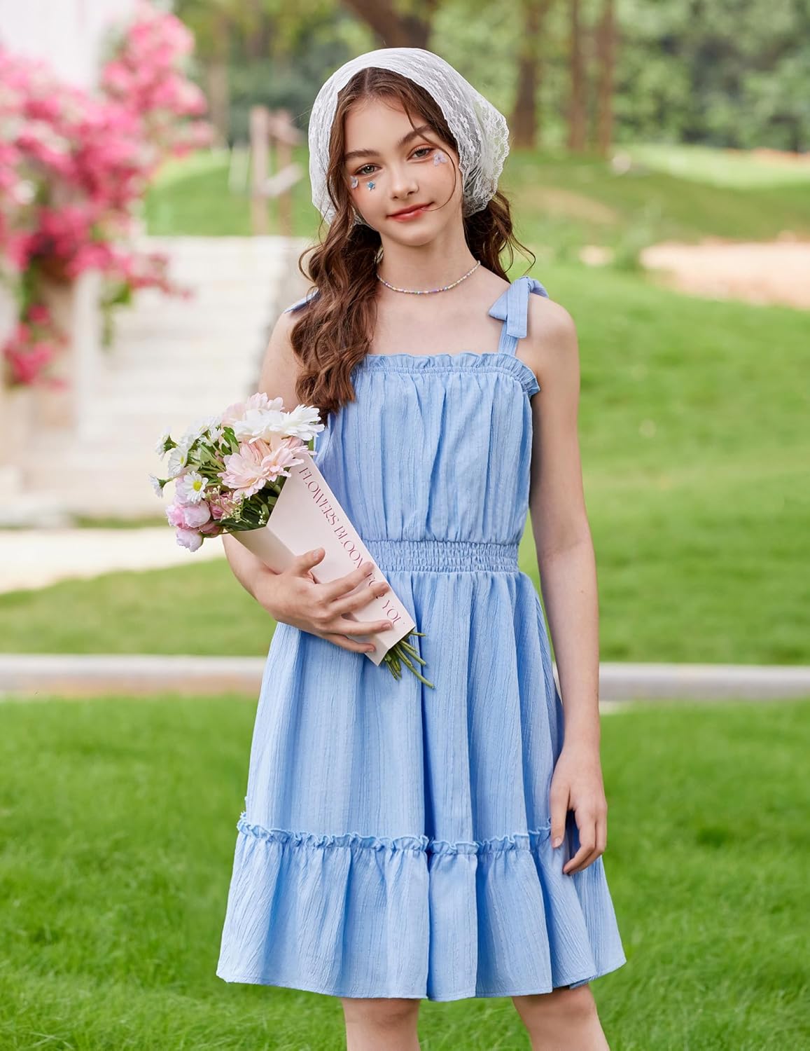 Arshiner Girls Summer Dress Bow-Tie Straps Sleeveless Flowy Ruffle Trim Boho Beach Casual Sundress - Image 4