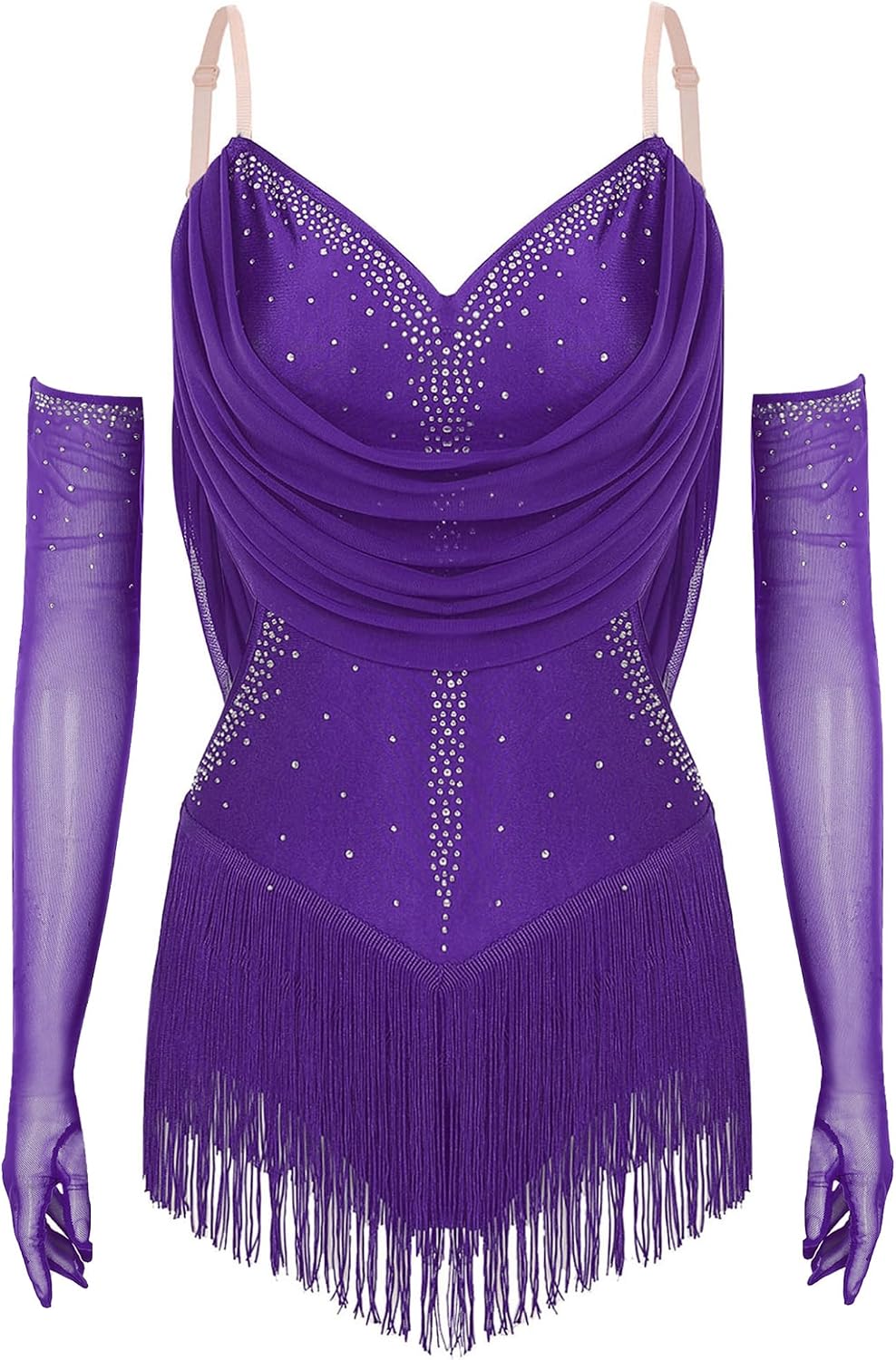 Loyan Women Fringe Tassel Bodysuit with Gloves Glittery Rhinestones Festival Party Outfit Latin Dance Leotard