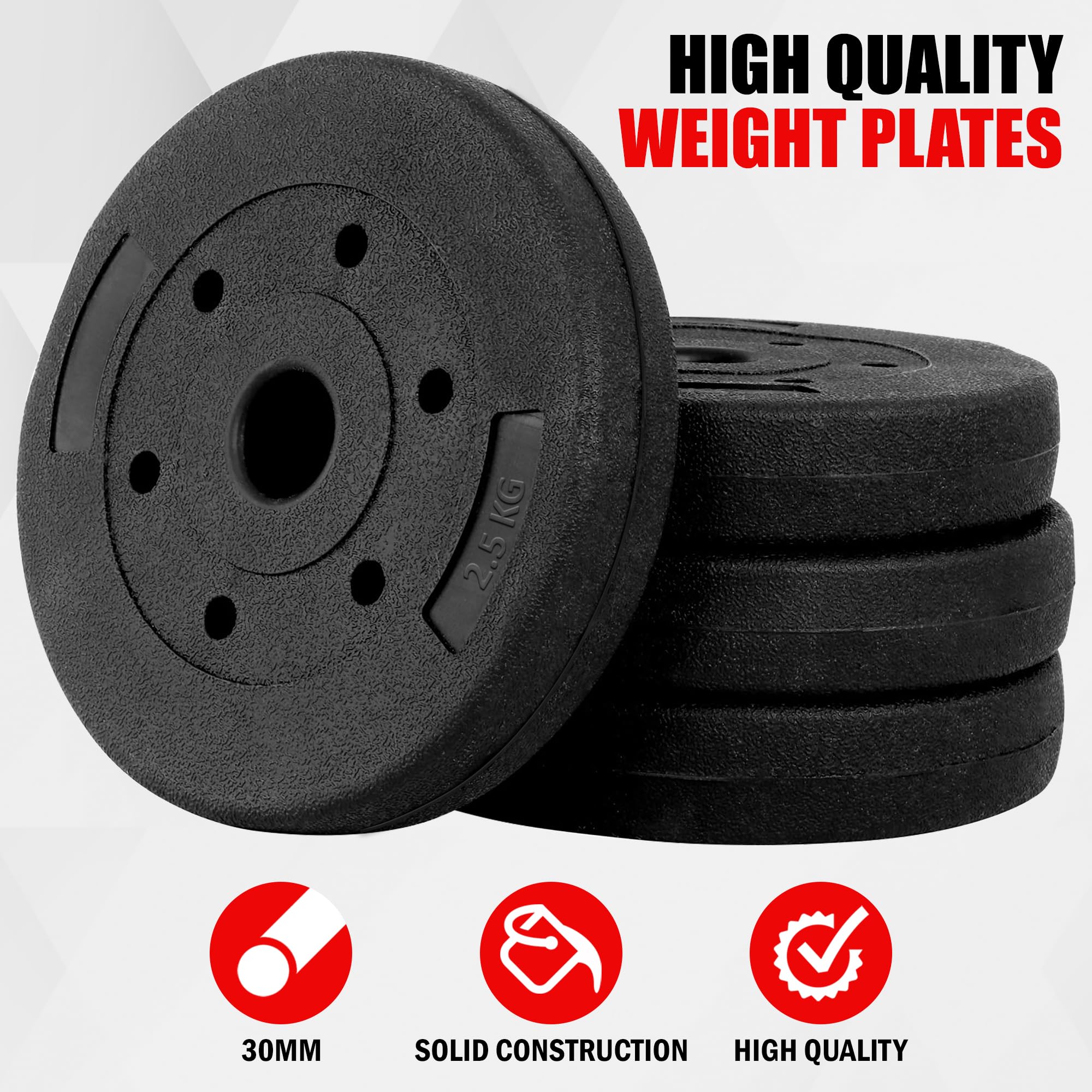 wuuhoo® Piastre per Pesi in Cemento Mike 30mm, Set 20kg - 30kg, rivestite in Nero, 1,25, 2,5, 5, 10 kg, Piastre per Pesi per bilancieri in plastica, Fitness a casa - Set 2-30kg