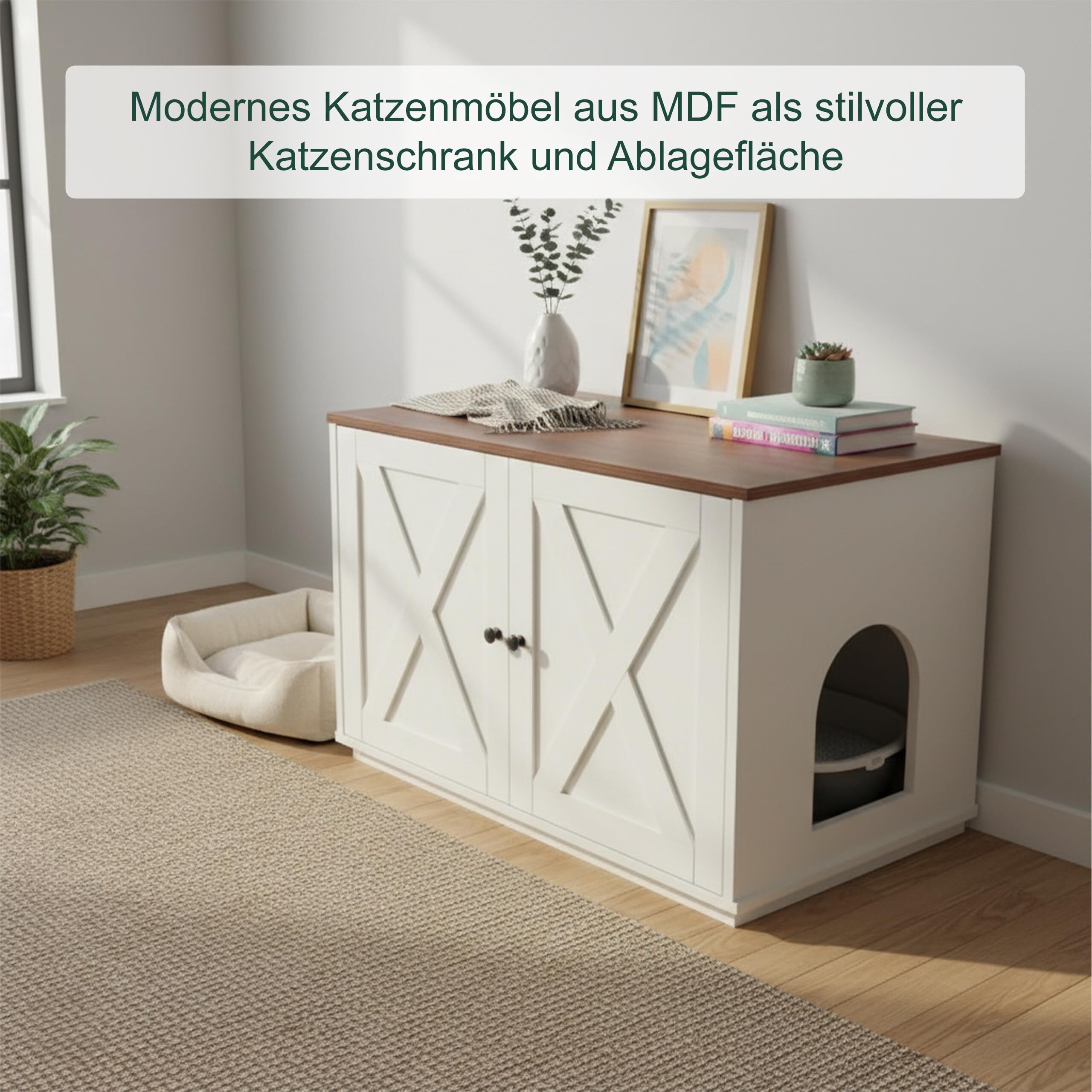Relaxdays Katzenschrank f. Katzentoilette, Separate Trennwand, Eingang, Katzenklo verstecken, HBT 50x80x53cm, weiß-braun