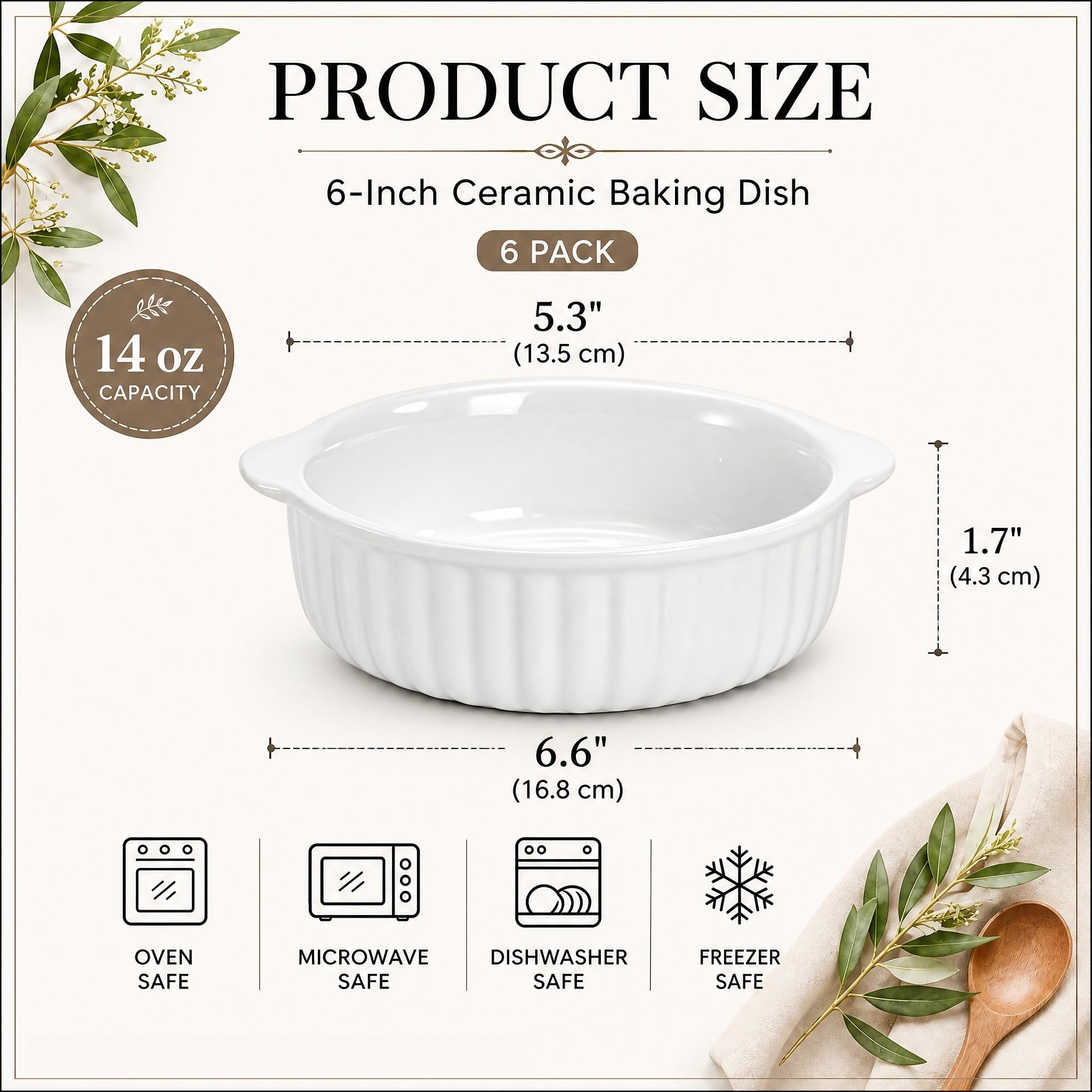 6 Stück Porzellan-Auflaufförmchen mit Griffen, 400 ml, Keramik, Creme-Brulee-Souffle-Backformen, französische Zwiebel-Suppenschalen für Ramen, Eintopf, Lavakuchen, mikrowellengeeignet, weiß