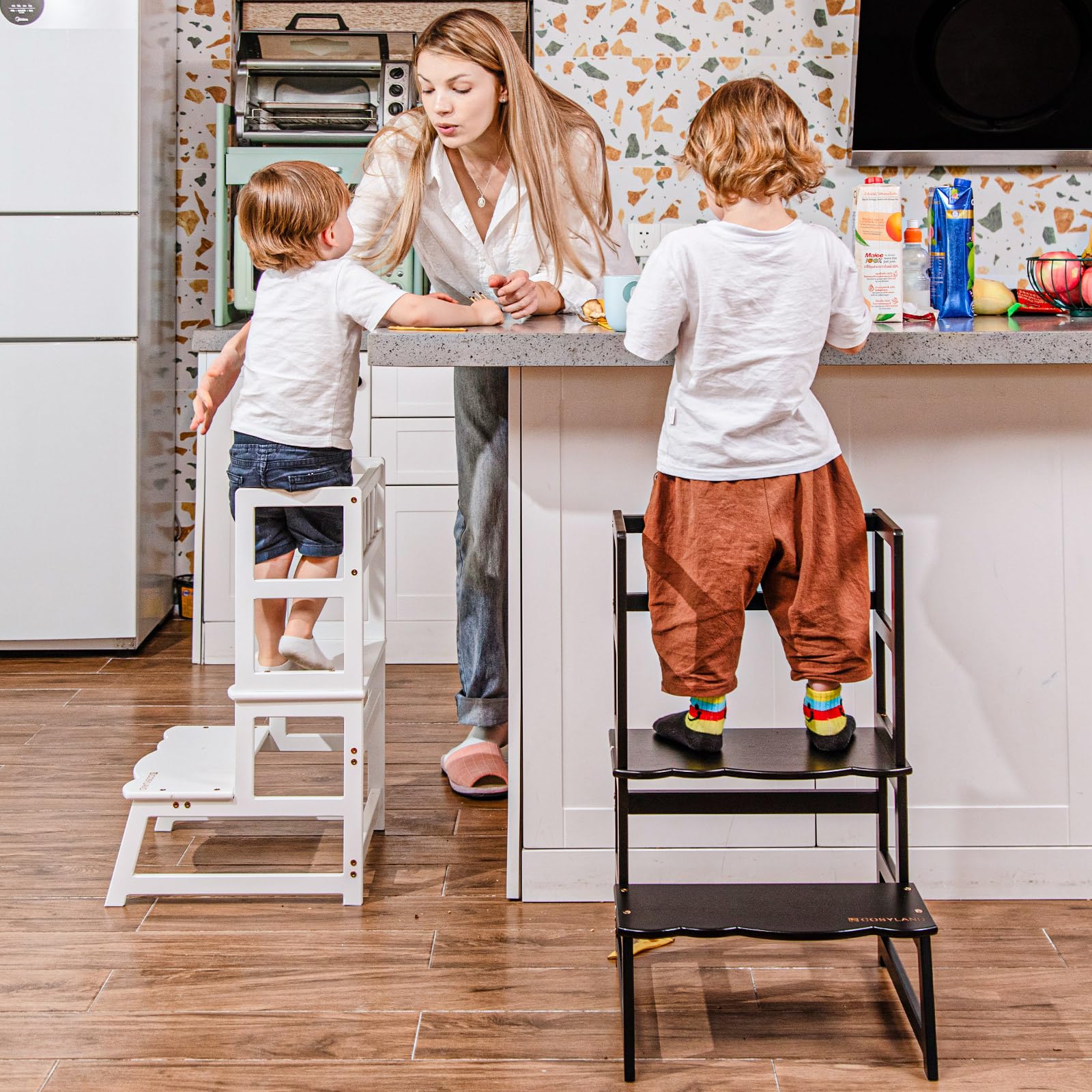 COSYLAND Lernturm ab 1 Jahr & 2 Jahre – Montessori Lernturm für Kinder – Sicherer Learning Tower & Toddler Tower mit Griffen, Anti-Rutsch & Kippschutz – Lernstuhl Kinder ab 1 Jahr, Weiß