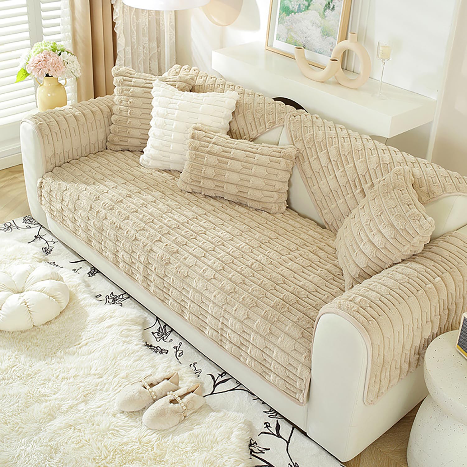 Funda de sofá felpa universal khaki 110x240cm antideslizante para chaiselongue seccional