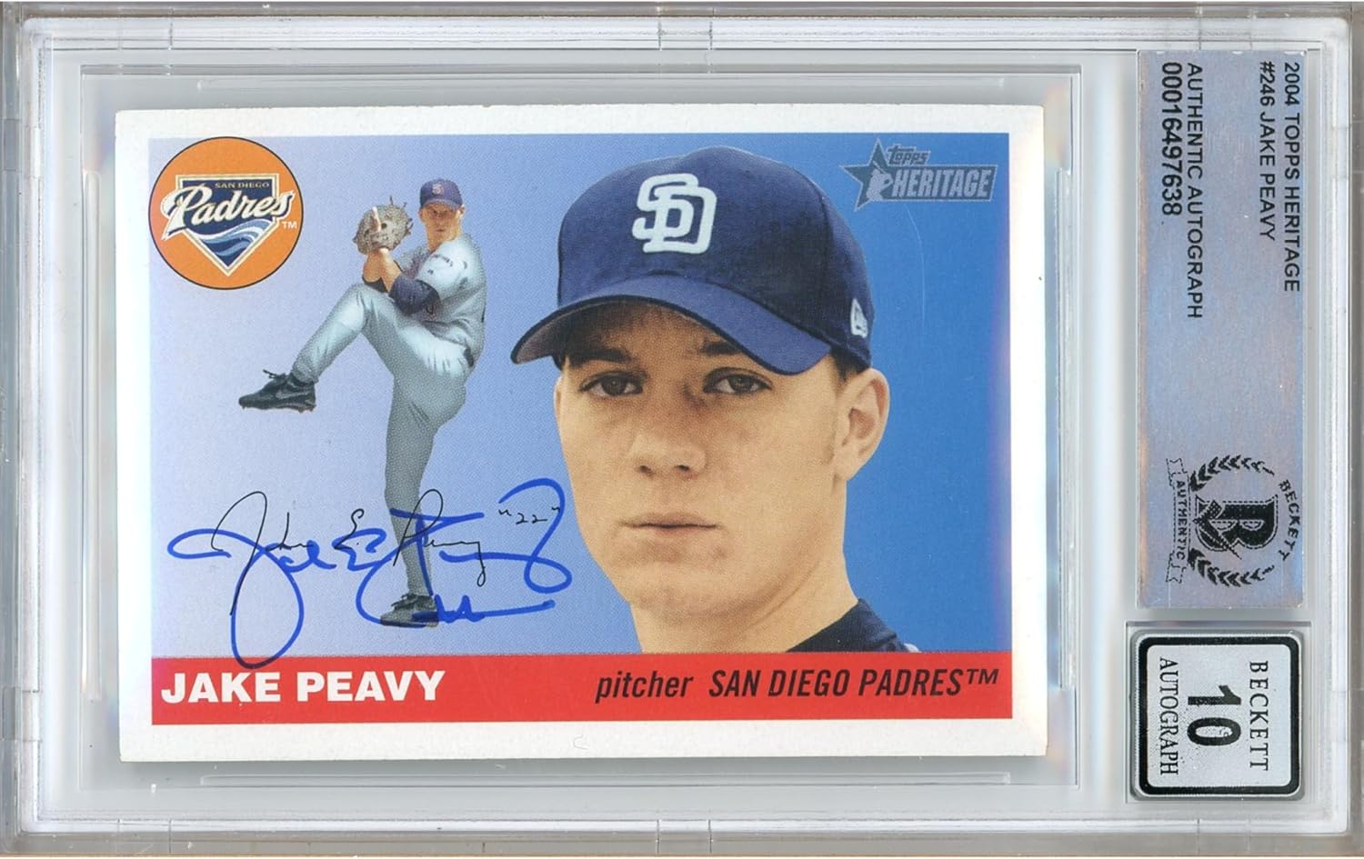 Jake Peavy Autographed 2004 Topps Heritage #246 Baseball Trading Card Beckett BGS Auto 10 Graded BAS Authentic Slabbed COA Played For San Diego Padres MLB