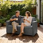 Outsunny 2 Seater Outdoor Sofa, Deep Seat PE Wicker Patio Couch with Cushions and Wide Armrests, Small Garden Furniture Loveseat for Balcony, Backyard, Dark Grey