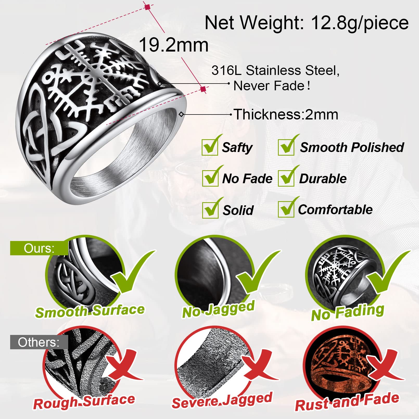 FaithHeart Anello Vichingo da Uomo Bussola Runica Vegvisir Spirito Nautico Amuleto Gioielli Nodo Trinità Celtico in Stile Nordico Anello Figo per Hiphop Punk