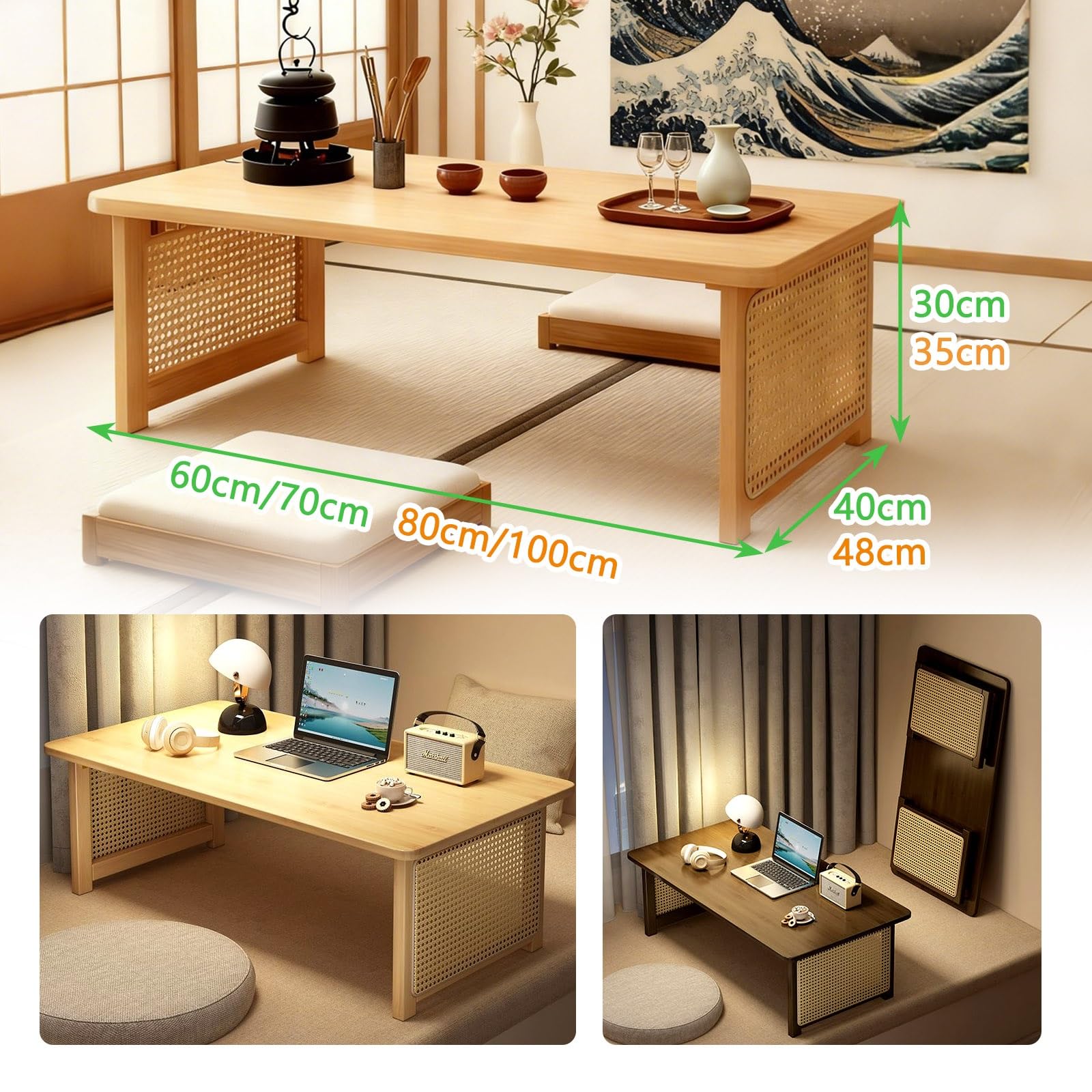 Plateau de lit portable pliable en bambou avec pieds en rotin, idéal pour canapé et lit, petit-déjeuner et tablettes, aucun assemblage nécessaire Marron café 60 x 40 x 30 cm