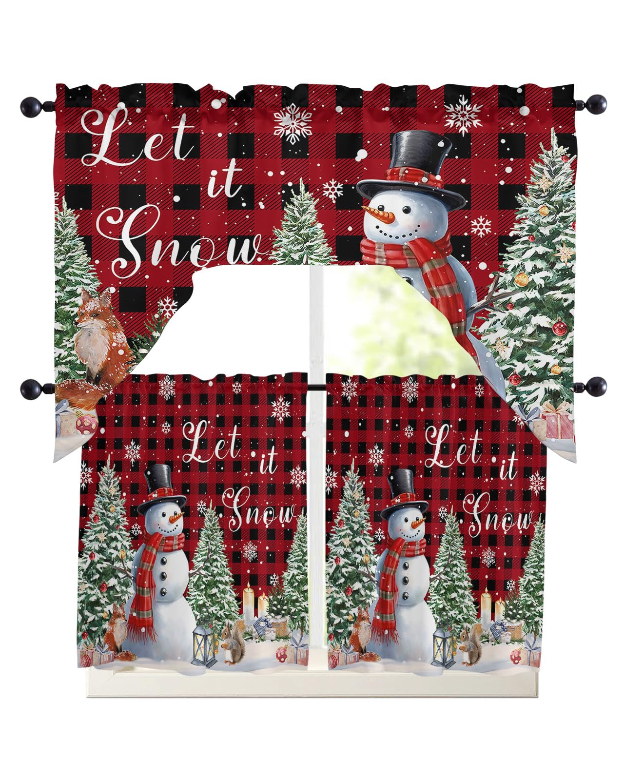 Winter Xmas Swag Kitchen Curtain Sets with Valance,3 Pieces Rod Pocket Curtain Drapes for Bedroom Living Room Bathroom Windows,Christmas Snowman Pine Tree Plaid Red 56''x36'' & 24''x27.5''x2Panels