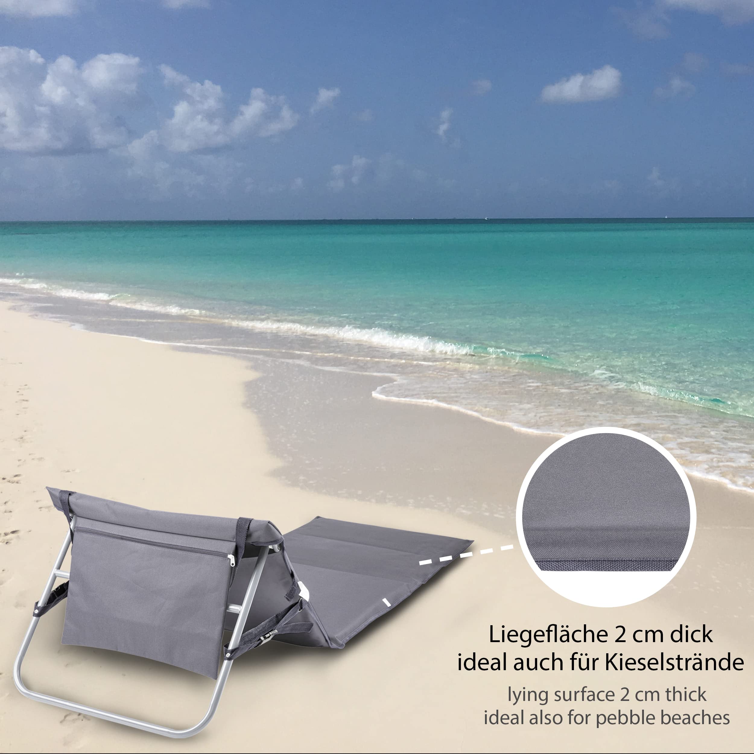 ONVAYA® Strandmatte mit Rückenlehne in Grau | 2cm gepolsterte Sonnenliege mit Tasche | Strandliege faltbar & klappbar | Sonnenmatte mit Tragegurt | Strandmatratze 161 x 55 x 45 cm