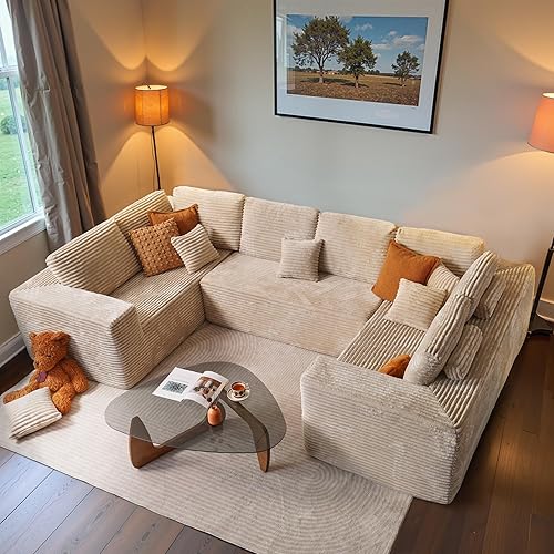 ovios Sectional Cloud Couch for Living Room, Modular Floor Sofa with Plush Corduroy, No Assembly Required, Big Comfy Couches Set with Fluffy Memory Foam, Stupendous U Shaped Sofas with Chaise, Beige