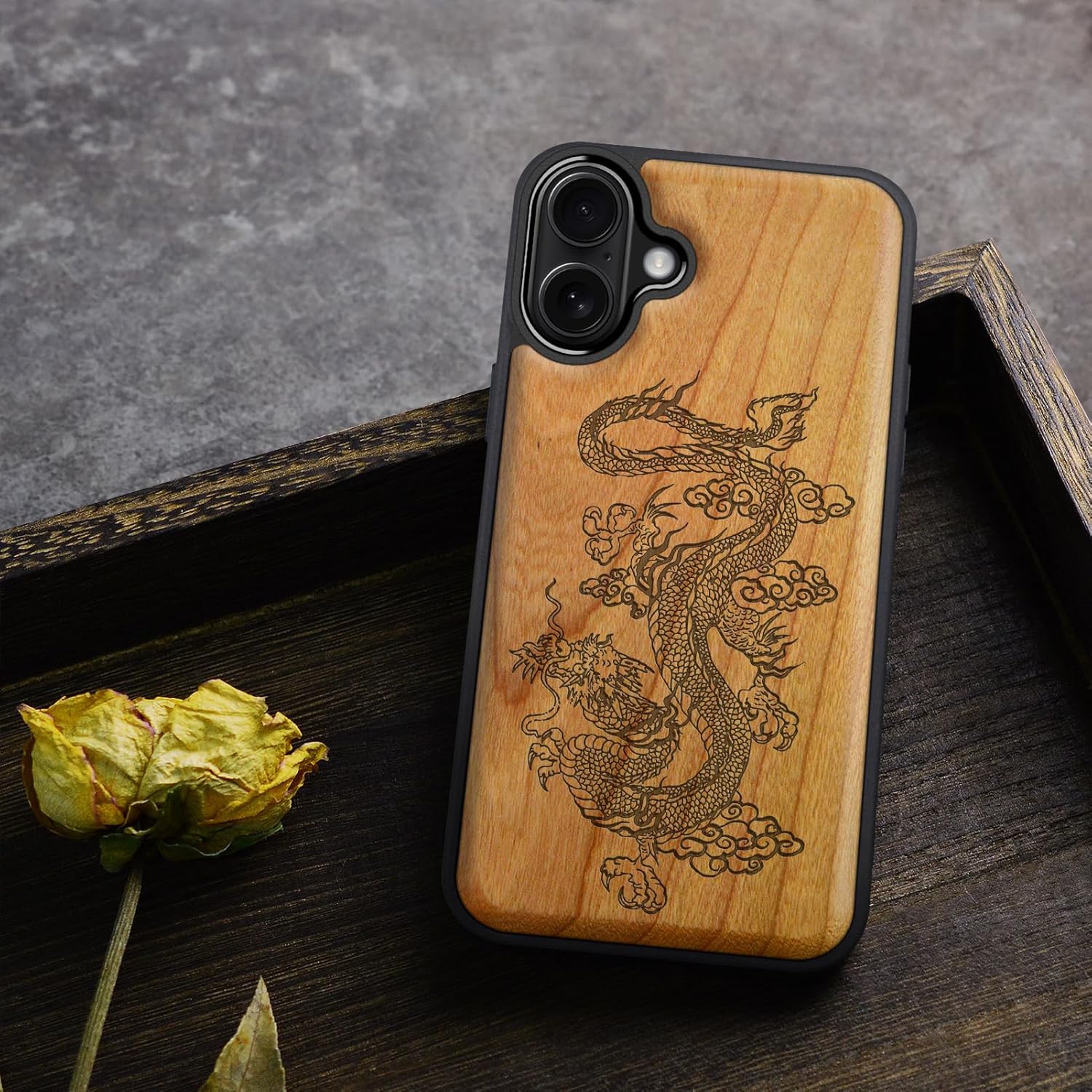Carveit Magnetic Wooden Case for iPhone 16 Case, Wood Artisan Engraved & Black Soft TPU Shockproof Cover, Compatible with MagSafe Wireless Chargers (Majestic Chinese Dragon) Cherry