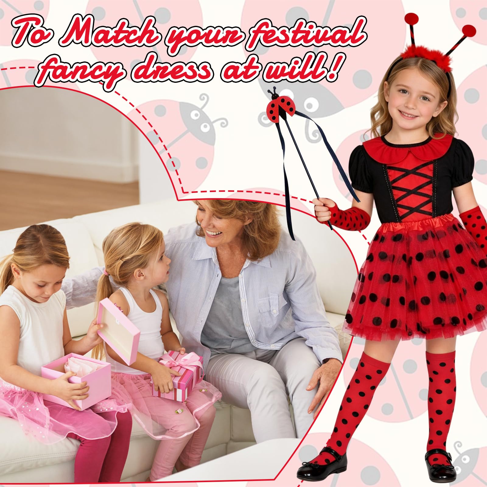 Ladybird Costume Girls 3-7Y, Polka Dot Tutu + Arm Covers + Leg Warmers+Ladybird Headband+Magic Wand - Image 7