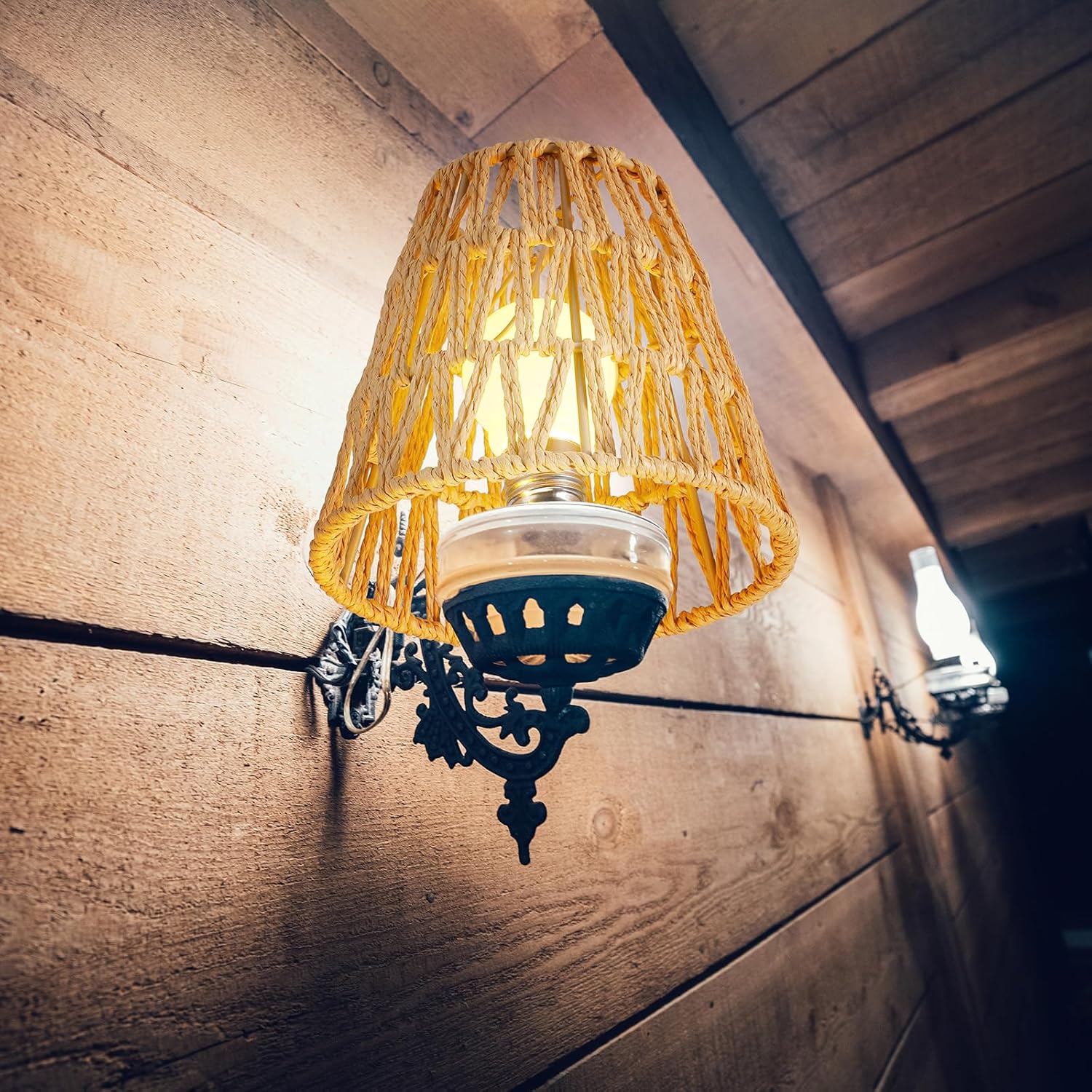 Tujoe Small Rattan Bell Lamp Shade Boho Handwoven Barrel Rattan Chandelier Shades Replacement for Table Floor Lamp Pendant Light Fixtures, 5.5" H x 5.9" D, 2.76" Fitter(6 Pcs,Boho,Clip on)