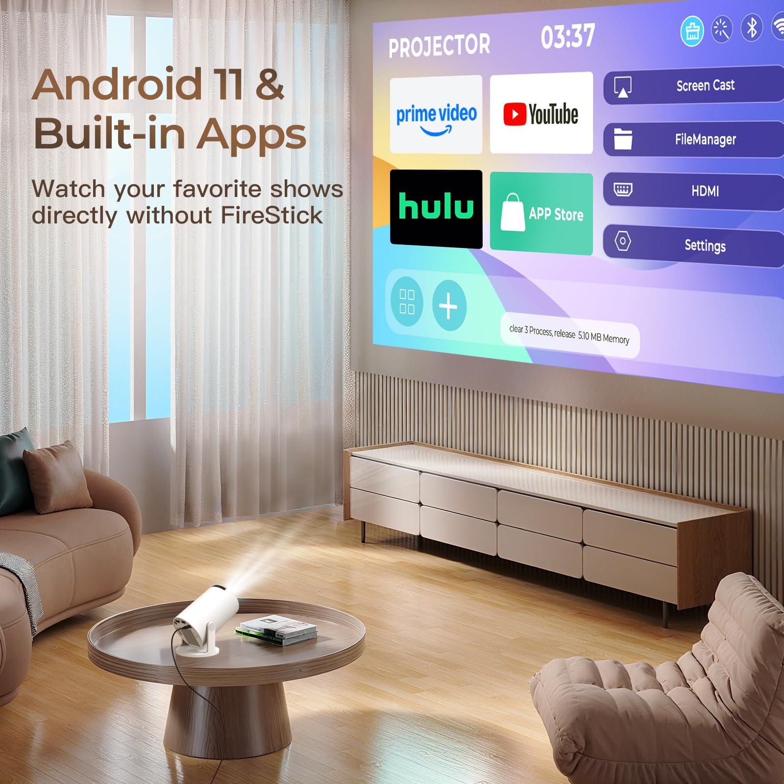 WEMI - Mini proyector portátil con WiFi 6 y Bluetooth 5.4 para dormitorio, película inteligente para iPhone, teléfono celular, Android OptiBarrel 500, aplicaciones integradas y actualizadas en 2026