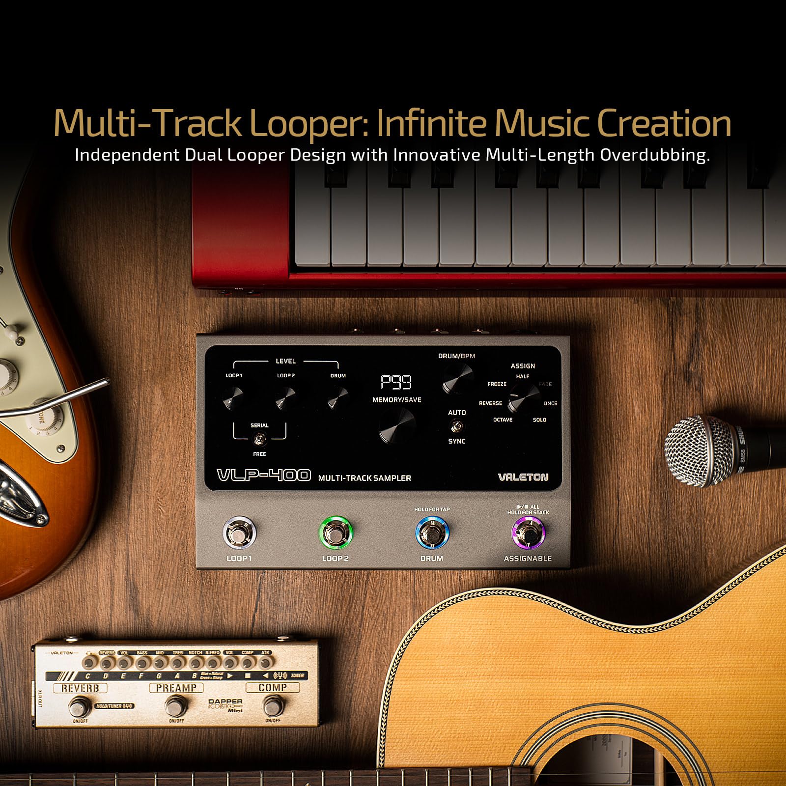 VALETON Pedale Looper Stereo a Doppia Traccia con Macchina a Tamburo Automatica, 7 Effetti di Loop, 99 Memorie di Progetti, Compatibilità MIDI/CTRL per Chitarra, Basso, Tastiera, Voce VLP-400