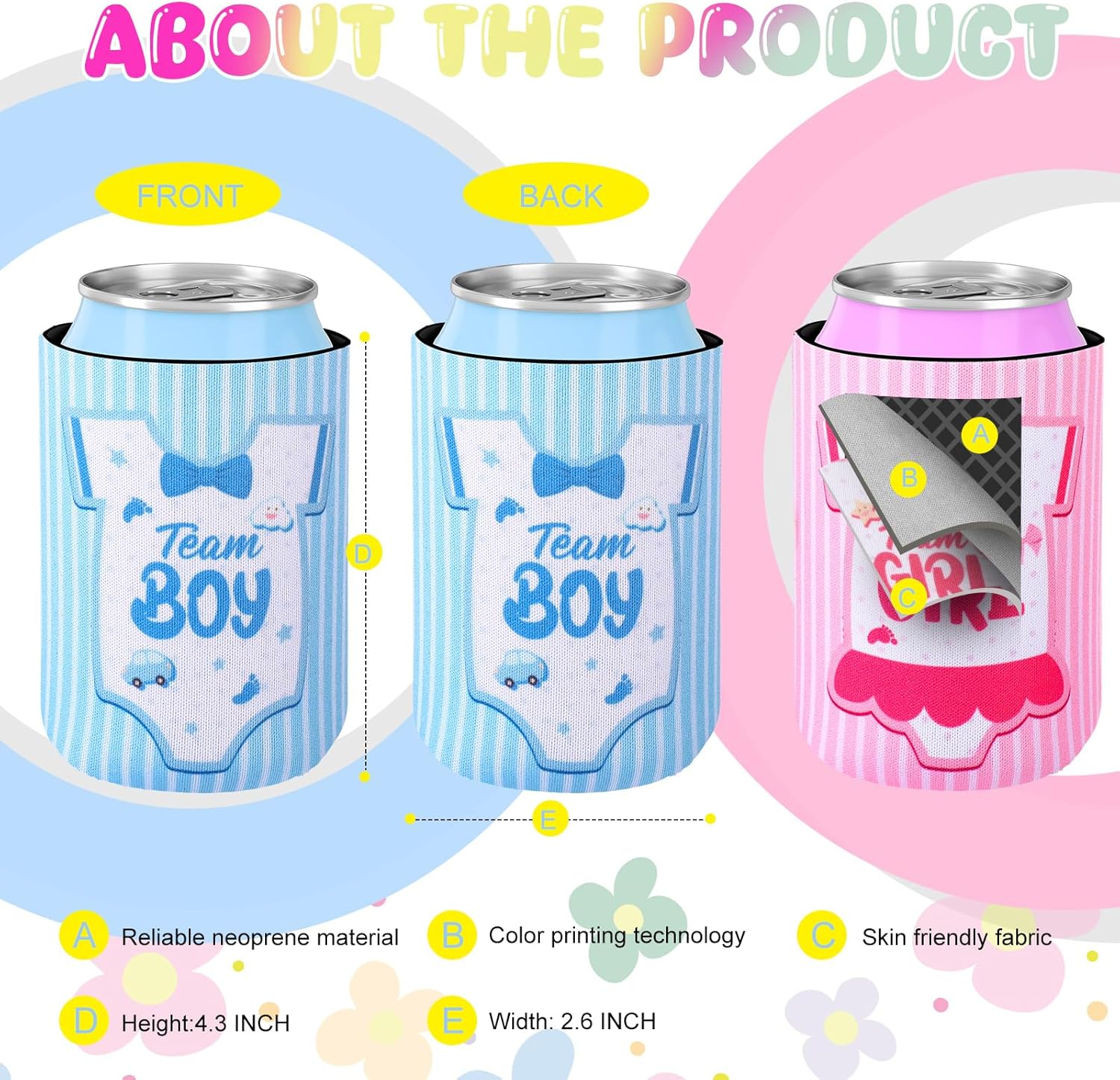 36 Count Boy or Girl Gender Reveal Decorations Team Girl Team Boy Can Coolers Sleeves Gender Reveal Can Coolers Pink and Blue Coolies for Baby Party Supplies