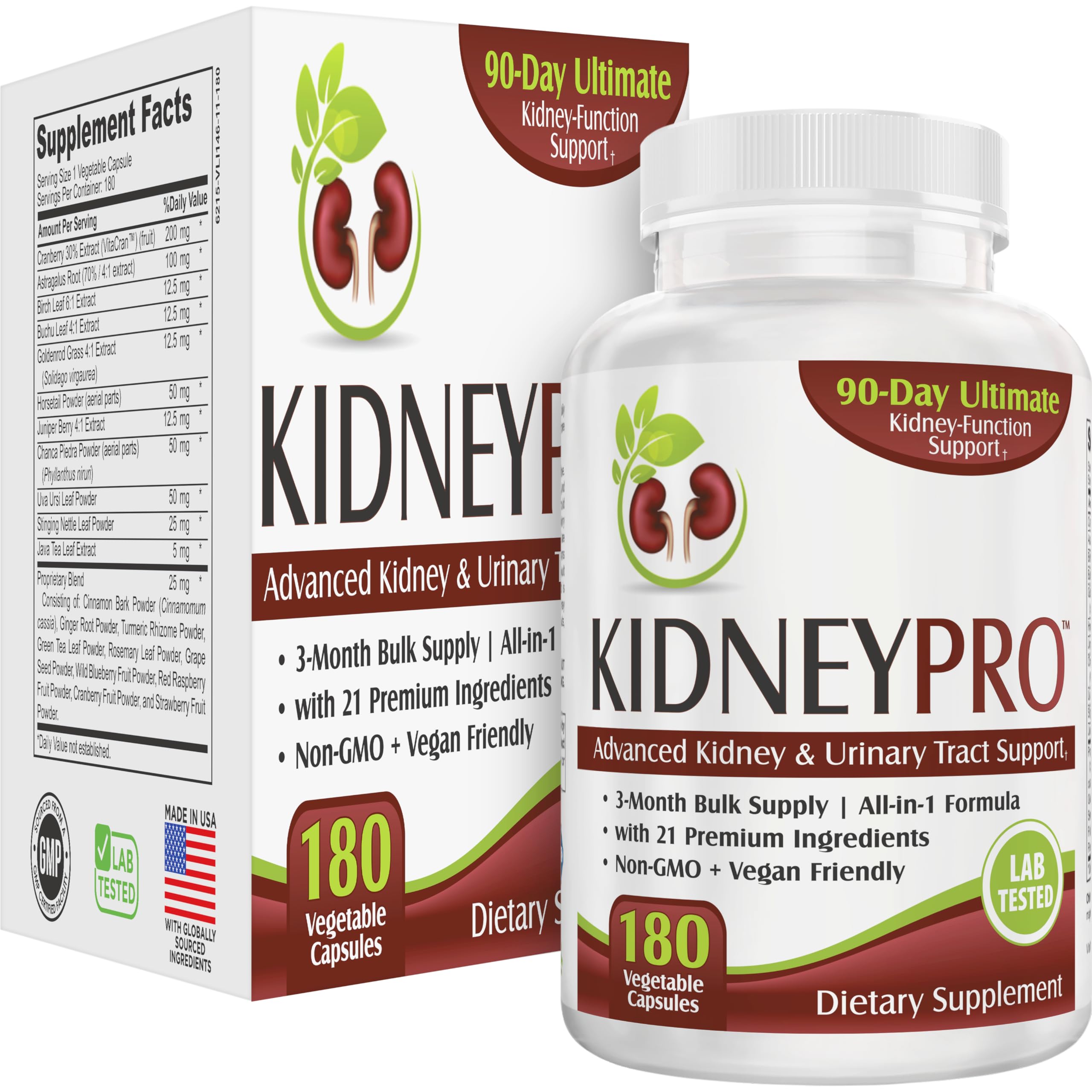 Kidney-PRO | 3-Month Supply with 21 Kidney Health Supplements | All-in-1 Blend | Kidneys & Urinary Tract Support Supplement | 90-Day Bulk Supply | 180 Capsules