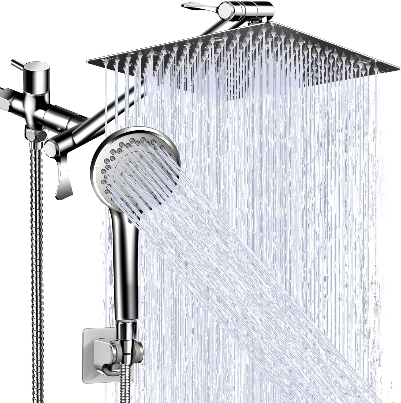 Modern 5-Setting Shower Head Combo, 10 Inch High Pressure Rain Shower Head with 11 Inch Adjustable Extension Arm, Chrome